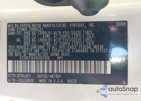 2009 Toyota Venza Base V6 from USA, damaged, VIN 4T3ZK11A59U007906